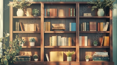 Cozy Bookshelf with Colorful Books and Greenery