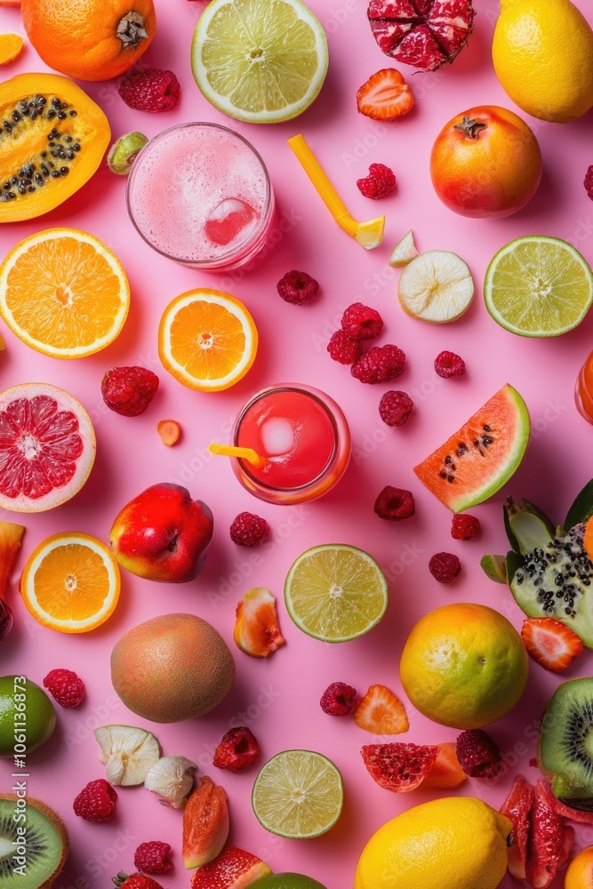 Colorful fruit salad with a pink background. The fruit includes oranges, kiwis, strawberries, and raspberries Colorful fruit salad with a pink background. The fruit includes oranges, kiwis, strawberries, and raspberries