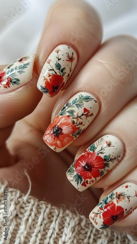 A close-up of beautifully designed nails featuring intricate floral patterns against a soft background.