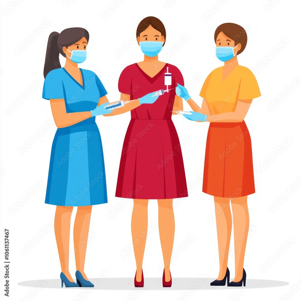 Three female nurses wearing face masks, one of them is injecting a vaccine to another nurse. Three female nurses wearing face masks, one of them is injecting a vaccine to another nurse.
