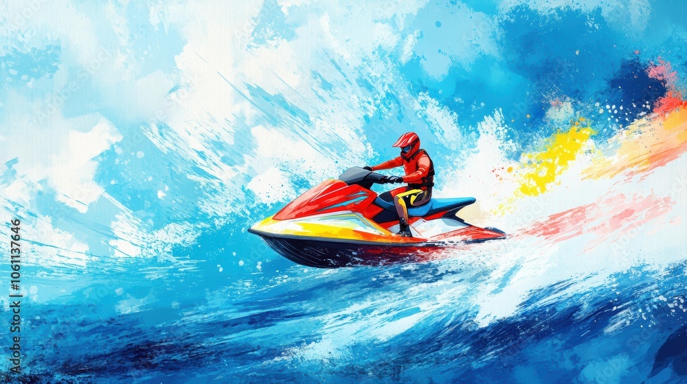 Artistic illustration of jetski in water. Summer tropical sports. Artistic illustration of jetski in water. Summer tropical sports.