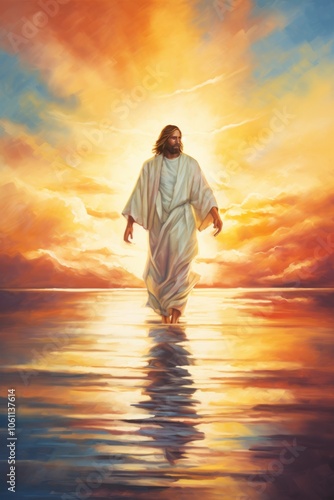 Man walking on water at sunset