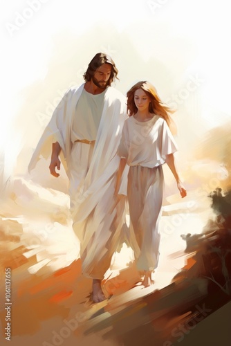 Jesus walks with a woman in a desert landscape.