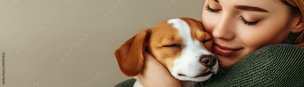 Woman cuddling a beagle dog, female, girl, pet, puppy, canine Woman cuddling a beagle dog, female, girl, pet, puppy, canine