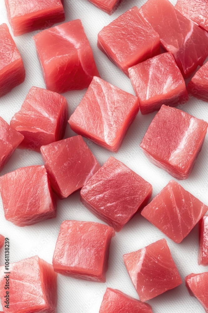 Several pieces of pink raw salmon slices. Several pieces of pink raw salmon slices.