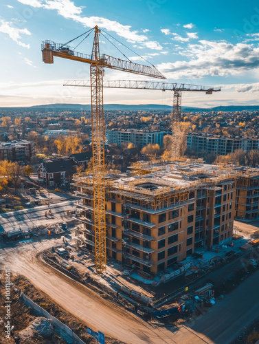 Aerial view of multifamily housing site with cranes lifting materials, showcasing construction progress in vibrant urban landscape