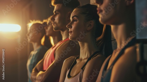 Wallpaper Mural A group of athletes and a coach in a gym. They are engaged in various exercises, possibly following the guidance of their coach. Torontodigital.ca