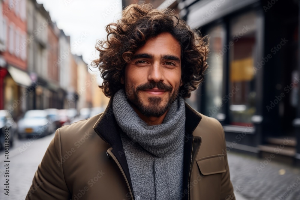 Portrait of a handsome young man with curly hair wearing coat and scarf in the city Portrait of a handsome young man with curly hair wearing coat and scarf in the city