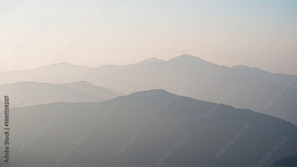 Generative AI, Minimalist Aerial View of Serene Mountain Ranges with Soft Cloud Layers Generative AI, Minimalist Aerial View of Serene Mountain Ranges with Soft Cloud Layers