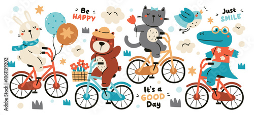 Cute animals funny characters riding bicycle eco-friendly transport and inspiration phrase