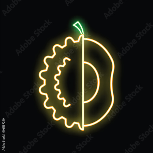 Glowing neon sign representing a durian fruit cut in half, showing its inside, on a black background