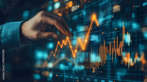 monitoring trending information on the screen, data analyst hand on monitor useful blur background for  data sites banners and pages