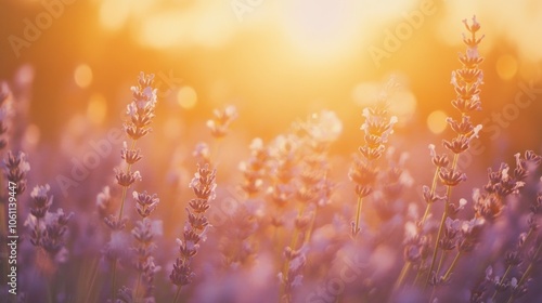 Fototapeta Naklejka Na Ścianę i Meble -  Purple lavender flowers in a field bathed in warm golden sunset light.