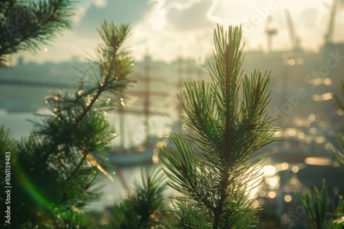 A serene, sunlit forest scene with a view of the water and boats in the distance.