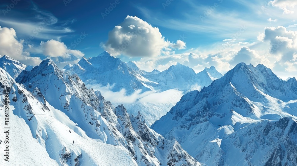 A scenic view of snow-capped mountains under a blue sky with clouds. A scenic view of snow-capped mountains under a blue sky with clouds.