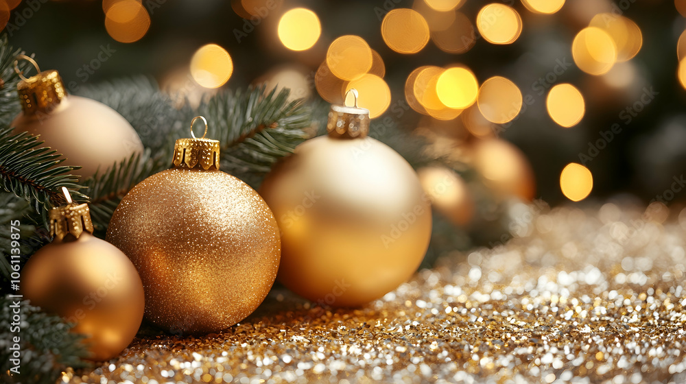 Golden Christmas Ornaments with Bokeh Lights, bauble, baubles, glitter, sparkle, sparkle effect Golden Christmas Ornaments with Bokeh Lights, bauble, baubles, glitter, sparkle, sparkle effect