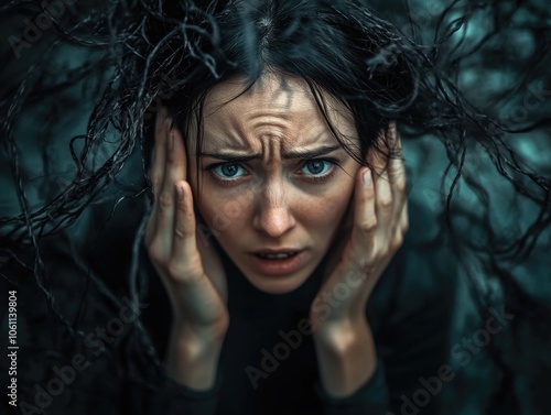 An image of a woman expressing intense emotion, with seaweed covering her hair and face, conveying a strong response to environmental conditions or nature. photo