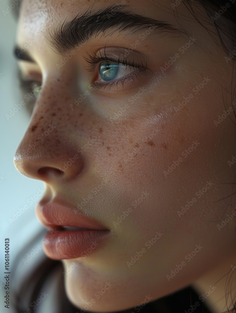 Close-up of eyes, highlighting freckles, lashes and blue eyes. Close-up of eyes, highlighting freckles, lashes and blue eyes.