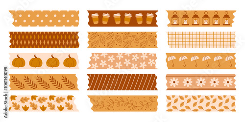 Cute masking washi tape with colorful autumn season decorative ornament design isolated set