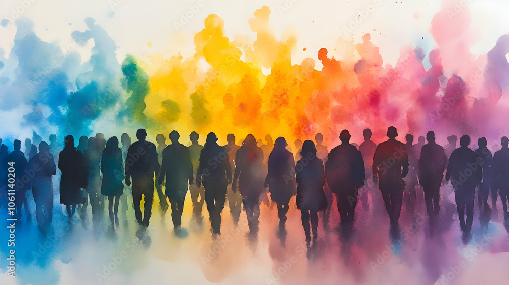 Silhouettes of People Walking Through a Colorful Fog, crowd, mist, vibrant, abstract, watercolor Silhouettes of People Walking Through a Colorful Fog, crowd, mist, vibrant, abstract, watercolor