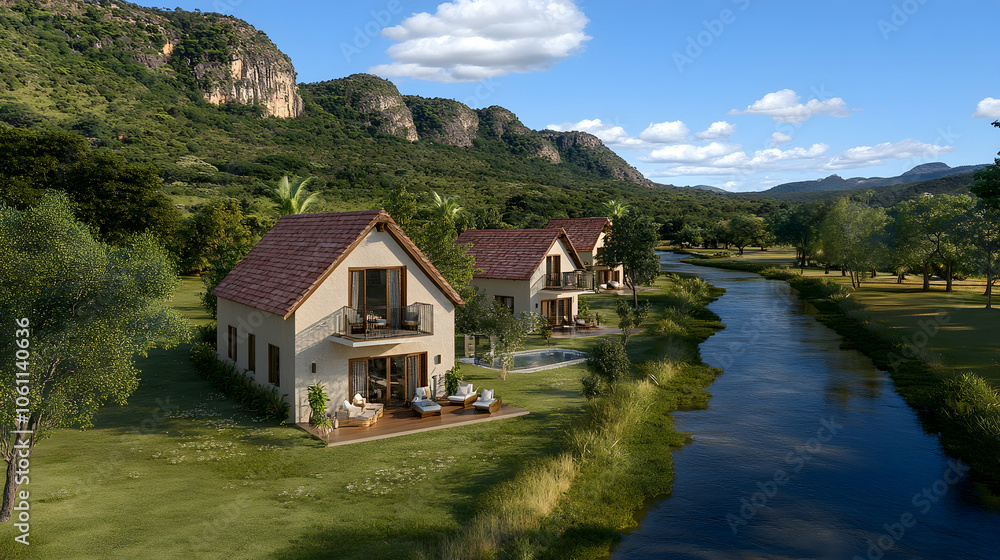 Naklejka premium Luxury Cabins by the River, cottage, stream, vacation home, rental, house