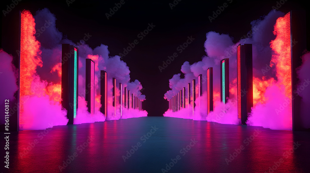 Fototapeta premium Neon Cityscape with Fog and Reflection, urban, futuristic, abstract, background, modern