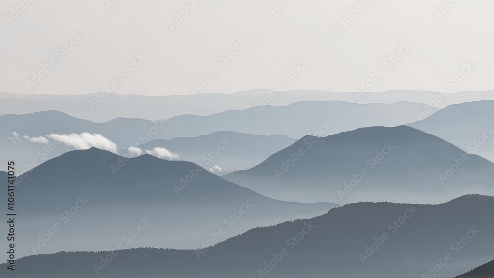 Generative AI, Minimalist Aerial View of Serene Mountain Ranges with Soft Cloud Layers Generative AI, Minimalist Aerial View of Serene Mountain Ranges with Soft Cloud Layers