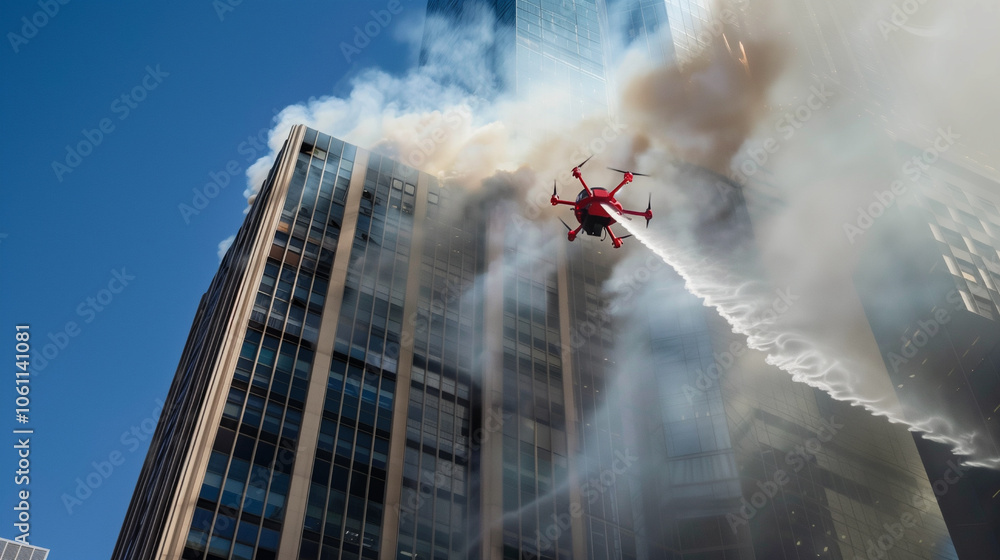 Obraz premium A red fire-fighting drone hovers over a smoking office building, spraying suppressant through its nozzle.