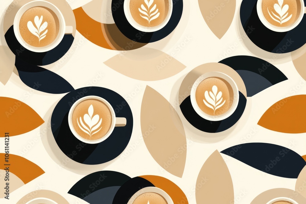 Sleek coffee cups with latte art on an orange and tan patterned background. Modern design evokes a coffee shop atmosphere.