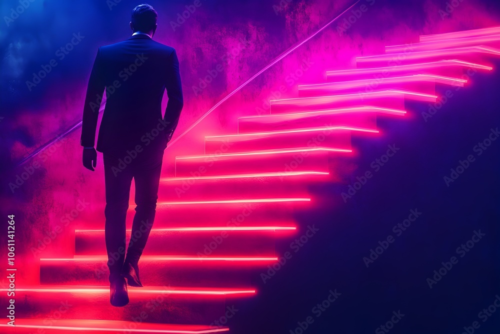 person is going upward on the neon color stairs, abstract illustration of businessman turning his life on success path with useful to make motivational web sites person is going upward on the neon color stairs, abstract illustration of businessman turning his life on success path with useful to make motivational web sites