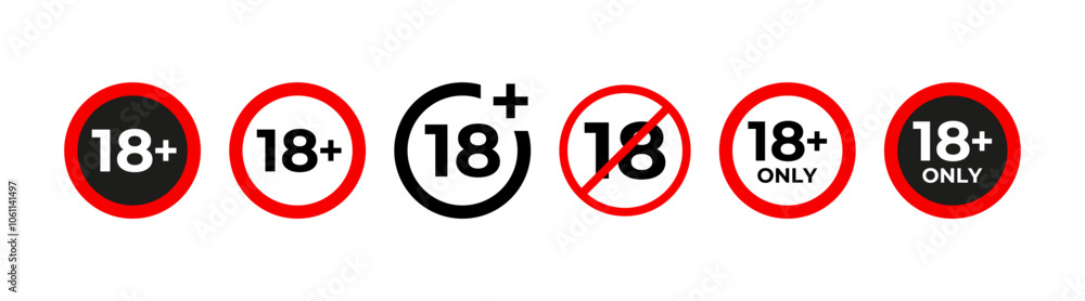 Under 18 sign warning symbol. Over 18 only censored. Eighteen age older forbidden adult content. Vector 10 eps. Under 18 sign warning symbol. Over 18 only censored. Eighteen age older forbidden adult content. Vector 10 eps.