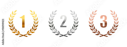 Laurel Wreath Medal Set In Gold, Silver And Bronze, vector illustration.