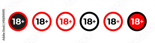 Under 18 forbidden round icon sign vector illustration set. Eighteen or older persons adult content 18 plus only rating isolated on white background. Vector 10 eps.