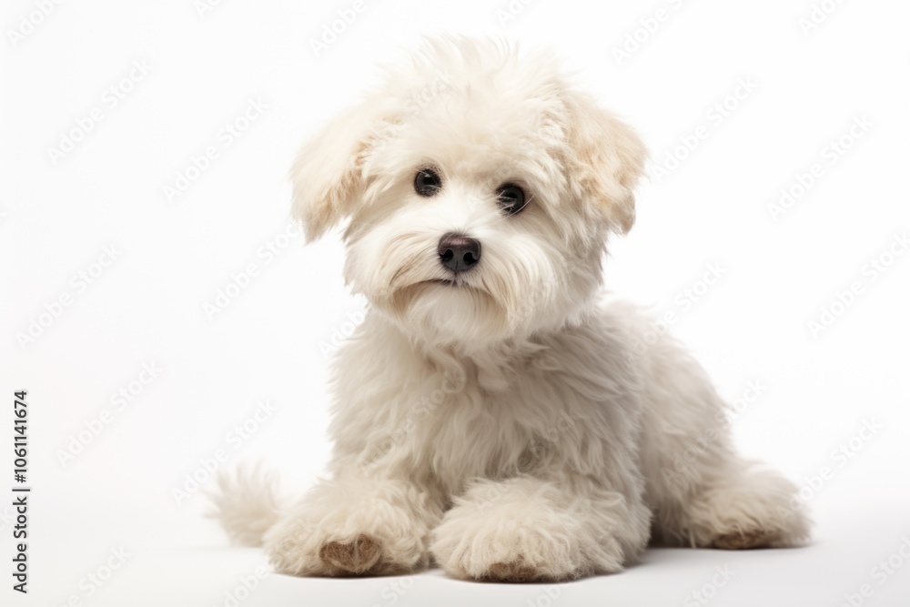 Small white fluffy puppy with brown eyes, looking calm and adorable. Small white fluffy puppy with brown eyes, looking calm and adorable.
