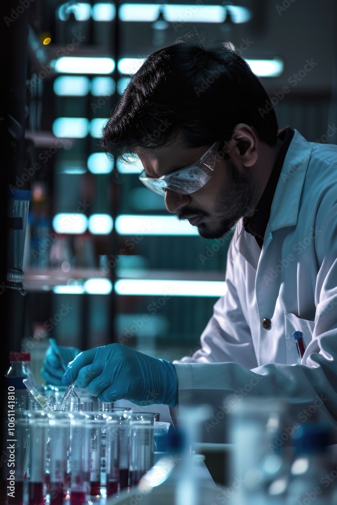 Man in lab coat working at microscope, research, analytical chemistry Man in lab coat working at microscope, research, analytical chemistry