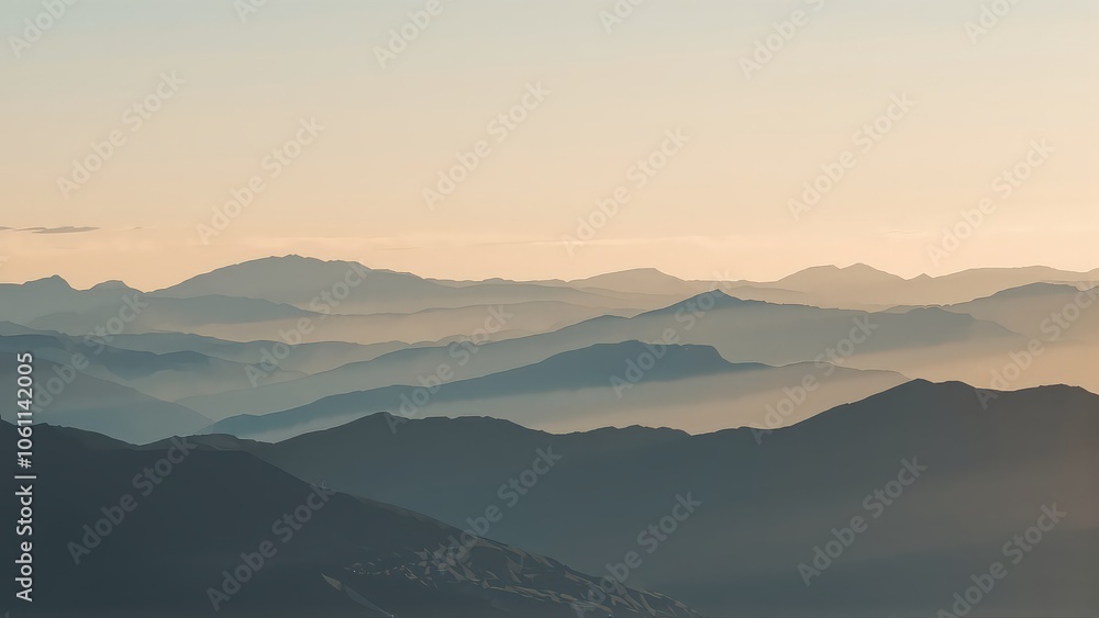 Generative AI, Minimalist Aerial View of Serene Mountain Ranges with Soft Cloud Layers Generative AI, Minimalist Aerial View of Serene Mountain Ranges with Soft Cloud Layers