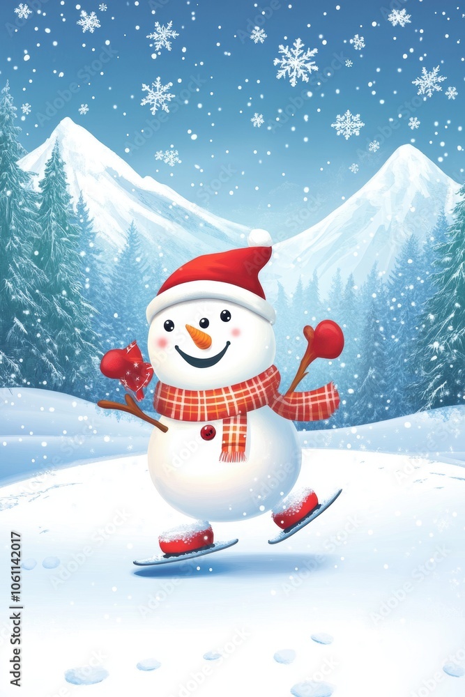 Fototapeta premium Cute snowman ski in snow field in mountain.