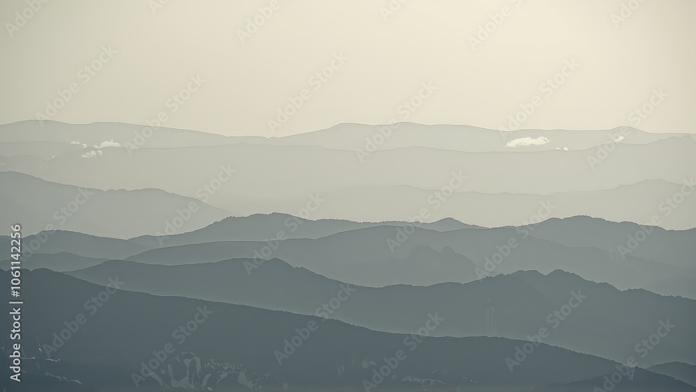 Fototapeta premium Generative AI, Minimalist Aerial View of Serene Mountain Ranges with Soft Cloud Layers