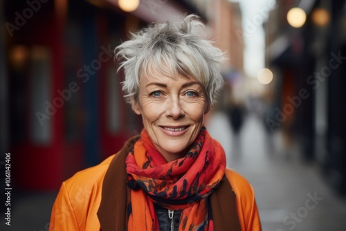 Portrait of smiling senior woman in orange scarf walking on city street