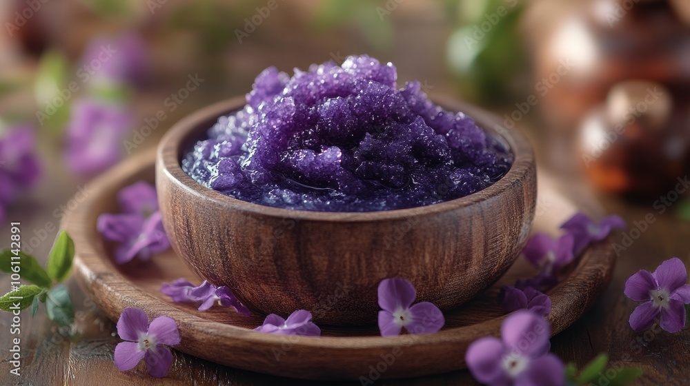 Purple sugar scrub in a wooden bowl surrounded by delicate violet flowers, AI Purple sugar scrub in a wooden bowl surrounded by delicate violet flowers, AI