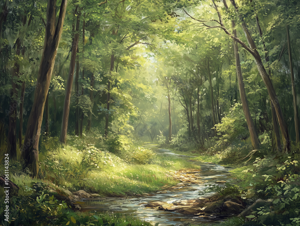 Fototapeta premium A serene forest stream winds its way through a lush green canopy on a sunny summer day