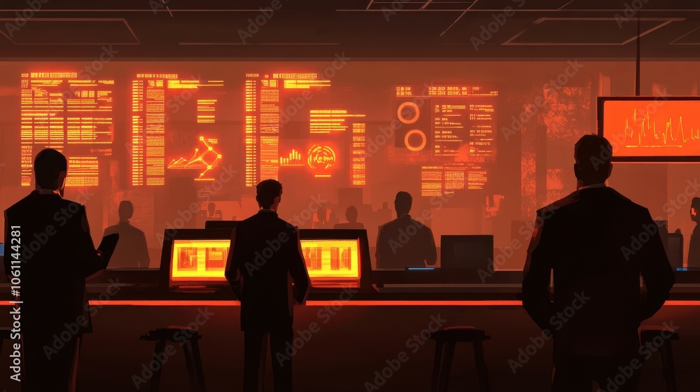 Futuristic Control Room With Silhouettes of People Futuristic Control Room With Silhouettes of People
