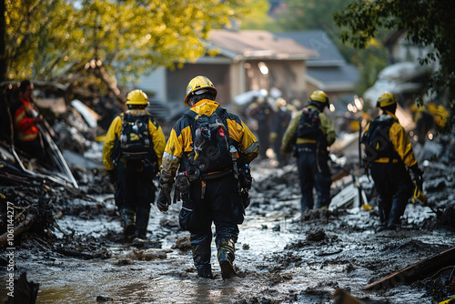 Rescue teams assessing and responding to flood-damaged property, providing aid and support in the aftermath of a natural disaster