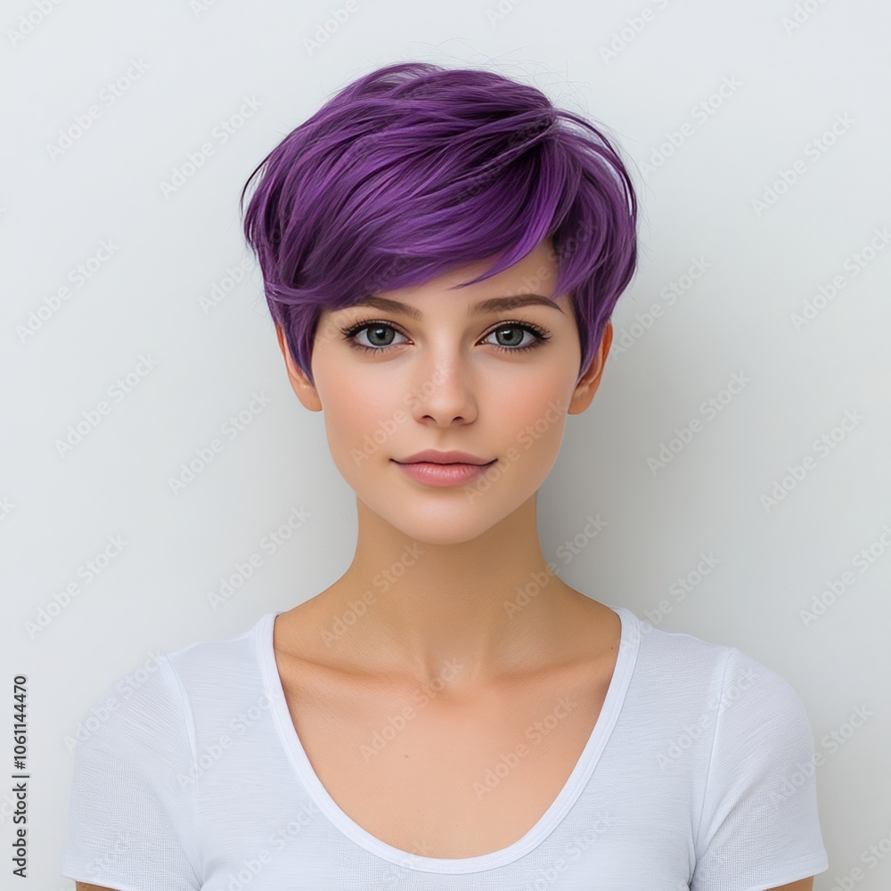 Young woman with short purple hair looking at the camera. Young woman with short purple hair looking at the camera.