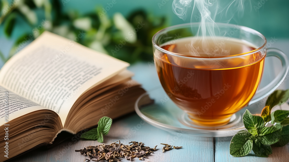 A clear cup of steaming herbal tea sits beside an open book and fresh mint leaves on a wooden table A clear cup of steaming herbal tea sits beside an open book and fresh mint leaves on a wooden table