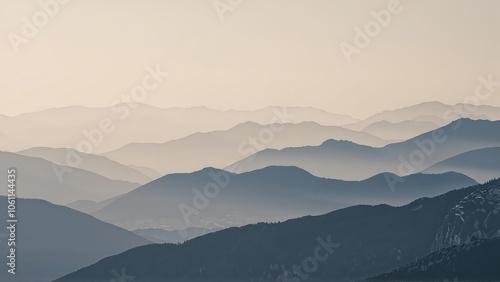 Generative AI, Minimalist Aerial View of Serene Mountain Ranges with Soft Cloud Layers