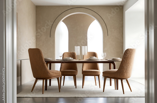 Boucle chairs at dining table in room with stucco walls and arch doorway. Minimalist interior design of modern living room photo