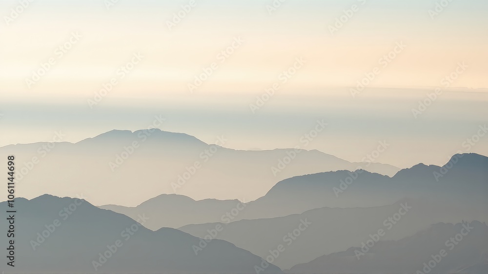 Generative AI, Minimalist Aerial View of Serene Mountain Ranges with Soft Cloud Layers Generative AI, Minimalist Aerial View of Serene Mountain Ranges with Soft Cloud Layers