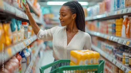 Smiling Woman Shopping for Household Supplies in a Supermarket Aisle