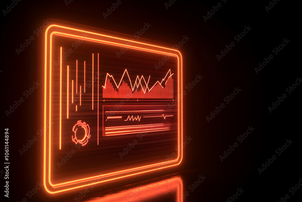A vibrant neon orange border around a screen showing illuminated graphs and charts on a dark backdrop. A vibrant neon orange border around a screen showing illuminated graphs and charts on a dark backdrop.